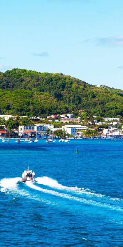 Bay of the island of Martinique French Polynesia. Yachts stand in the bay in the summer. Holidays in Martinique.