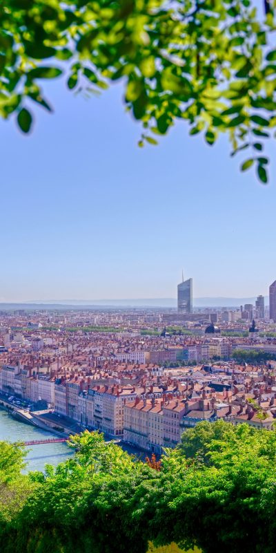 An aerial view of Lyon, France and the Saone River during morning hours.